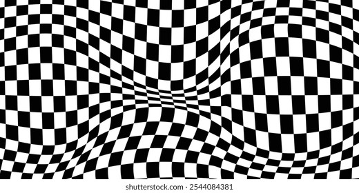 Abstract optical illusion wave. Black and white squares with distortion effect. Wavy optical illusion checker pattern background. Abstract distorted psychedelic texture. EPS Vector
