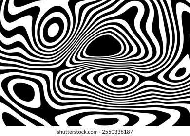 Onda de ilusão óptica abstrata. Linhas pretas e brancas com efeito de distorção. Padrão de faixas geométricas vetoriais.