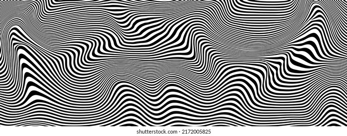 Ola de ilusión óptica abstracta. Flujo de rayas negras y blancas que forman un efecto de distorsión ondulada. Ilustración vectorial.