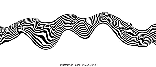  Abstract optical illusion wave. A flow of black and white stripes forming a wavy distortion effect. Vector Illustration.