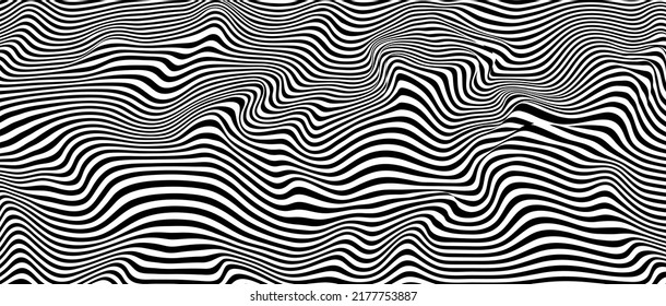 Abstract optical illusion wave. A flow of black and white stripes forming a wavy distortion effect. Vector Illustration.