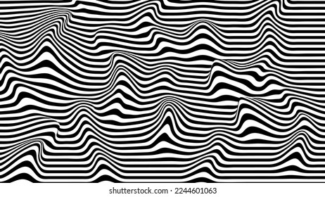 Abstract optical illusion wave. A flow of black and white stripes forming a wavy distortion effect. Vector Illustration.