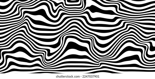 Abstract optical illusion wave. A flow of black and white stripes forming a wavy distortion effect. Vector Illustration.
