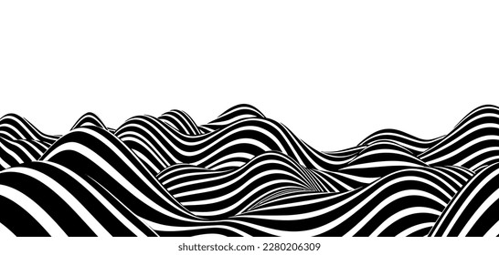 Abstract optical illusion wave. A flow of black and white stripes forming a wavy distortion effect. Vector Illustration.