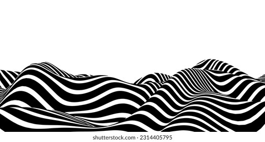 Ola de ilusión óptica abstracta. Flujo de rayas negras y blancas que forman un efecto de distorsión ondulada. Ilustración vectorial.