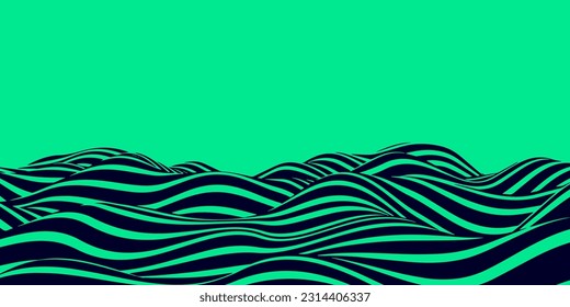 Abstract optical illusion wave. A flow of black stripes forming a wavy distortion effect on green background. Vector Illustration.