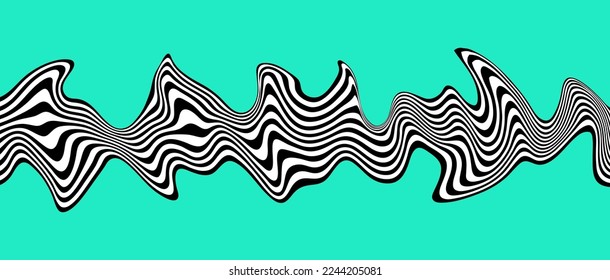  Abstrakte optische Täuschungswelle ?auf grünem Hintergrund. Ein Fluss aus schwarz-weißem Streifen, der eine starke Verzerrung bewirkt. Vektorgrafik.