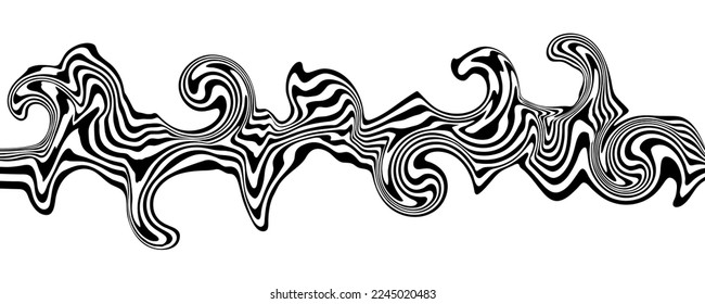 Abstract optical illusion wave on white background. A flow of black and white stripes forming a wavy distortion effect. Vector Illustration.