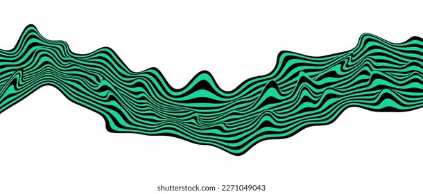 Ola de ilusión óptica abstracta sobre fondo blanco. Flujo de rayas negras y verdes que forman un efecto de distorsión ondulada. Ilustración vectorial.