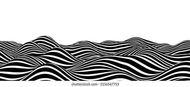 Ola de ilusión óptica abstracta. Una corriente de rayas negras y blancas que forman un efecto de distorsión ondulada. Ilustración vectorial.