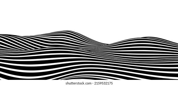 Abstract optical illusion wave. A stream of black and white stripes forming a wavy distortion effect. Vector Illustration.