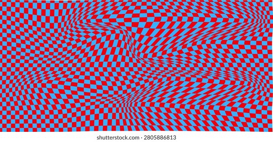Abstract Optical Illusion Wavy Checkerboard Background in Red and Blue, Distorted Geometric Pattern Vector