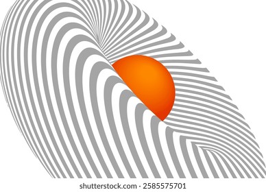 Abstract optical illusion with wavy gray lines and vibrant orange sun on a white background.