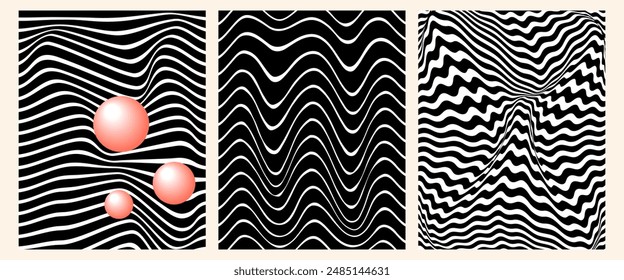 abstract optical set of posters with black and white waves
