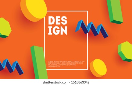 Abstract orange 3d background with vector geometric shapes. Trendy graphic elements on bright backdrop