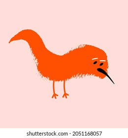 Abstract orange animal on thin legs with a sharp black beak on a pink background. Person. Vector illustration. Icon.