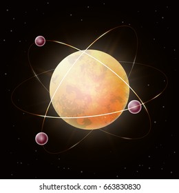 Abstract orange atom model, scientific vector illustration