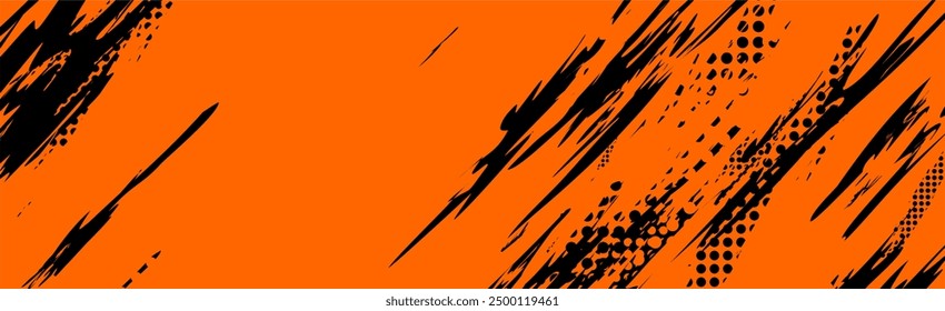 Fondo naranja abstracto con líneas de pincel grunge negro y semitono