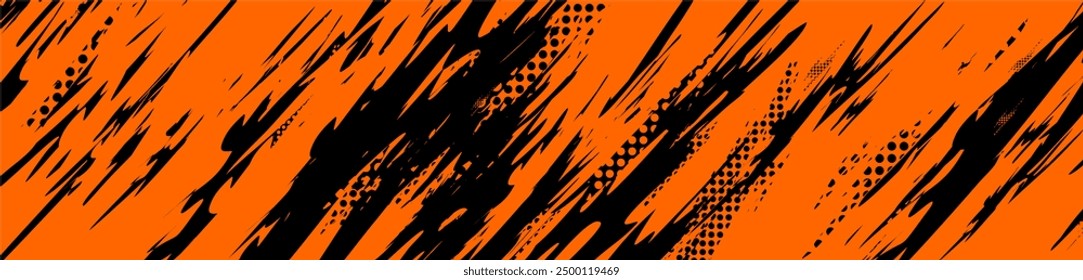 abstract orange background with black grunge brush lines and halftone