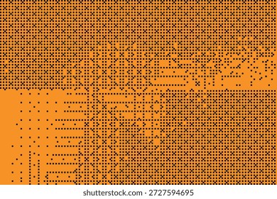 Abstractas fondo naranja con patrones de cuadrícula pixelados en negro y bloques de datos geométricos distorsionados que crean una Ilustración vectorial de textura inspirada en la tecnología