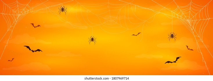 Abstract orange background with black spiders on cobwebs and flying bats. Illustration can be used for children's holiday design, cards, invitations and banners.