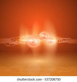 Abstract orange background with a circuit board texture and with gear in current arc. EPS10 vector.