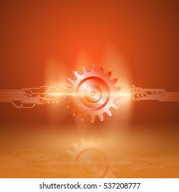 Abstract orange background with a circuit board texture and with gear in current arc. EPS10 vector.