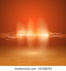 Abstract orange background with a circuit board texture and current arc. EPS10 vector.