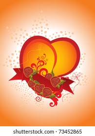 abstract orange background with decorated heart, ribbon