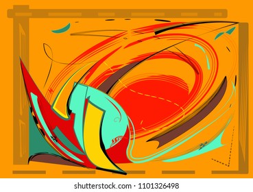 Abstract  orange  background ,fancy  curved lines and turquois shapes