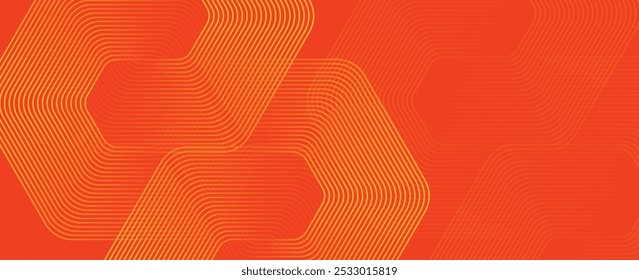 Fundo laranja abstrato com linhas geométricas brilhantes. Padrão de linhas de hexágono amarelo brilhante moderno. Conceito futurista da tecnologia. Terno para cartaz, banner, brochura, capa, folheto. Ilustração vetorial