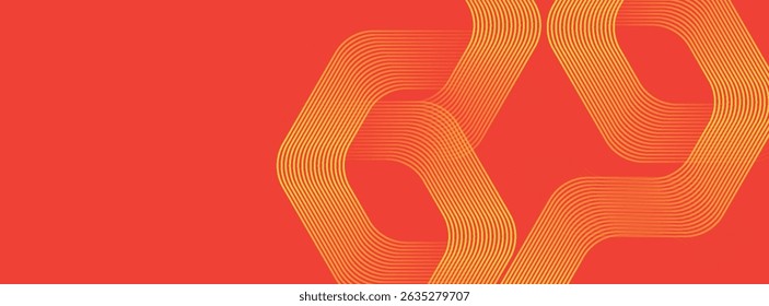 Abstract orange background with glowing geometric lines. Modern shiny yellow hexagon lines pattern. Technology futuristic concept