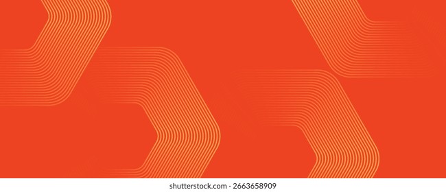 Fundo laranja abstrato com linhas geométricas brilhantes. Padrão de linhas de hexágono amarelo brilhante moderno. Conceito futurista da tecnologia. Terno para cartaz, banner, brochura, capa, site