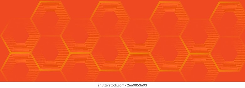 Abstract orange background with glowing geometric lines. Modern shiny yellow hexagon lines pattern. Technology futuristic concept. Suit for poster, banner, brochure, cover, flyer. Vector illustratio