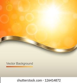 Abstract orange background with gold wave, vector.