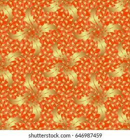 Abstract orange background with golden geometric ornament. Can be used for digital paper, textile print, page fill. Vector seamless pattern in Christmas traditional colors.
