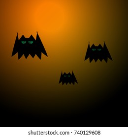 Abstract orange background Halloween with big moon flying bats, illustration.