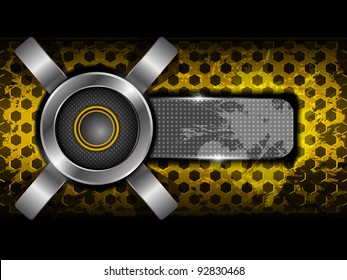 Abstract orange background with metallic circle speaker and hexagon perforated pattern plate. Part of set. Vector art.