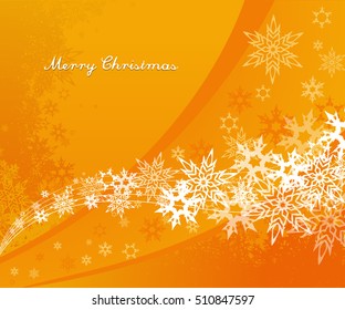 Abstract orange background with snowflakes and Merry Christmas text.