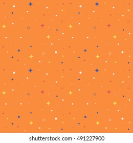 Abstract orange background with stars, flashes, dots, rings. Vector seamless pattern with geometric figures. Hipster fill. Color image. Holiday composition. Multipurpose backdrop. Blank for workspace.