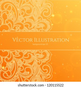 Abstract orange background with stylish floral pattern. It has shiny stars and place for text. Usable for greeting Card, invitation. EPS 10