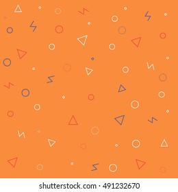 Abstract orange background with triangles and circles. Vector seamless pattern with geometric figures. Hipster fill. Color image. Holiday composition.Multipurpose backdrop. Blank for holidays, banners
