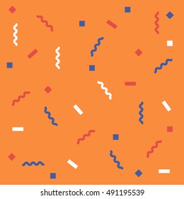 Abstract orange background with zigzags and squares. Vector seamless pattern with geometric figures. Hipster fill. Color image. Holiday composition. Multipurpose backdrop. blank for holidays, banners