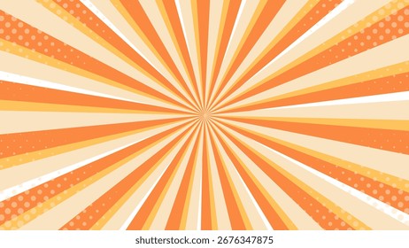 Abstrakter orangefarbener und beiger sunburst-Comic-Hintergrund mit Halbton. Moderne Retro Radial Strahlen Tapete für Poster, Banner, Flyer, Verkaufsmuster, Veranstaltungen, Websites und mehr