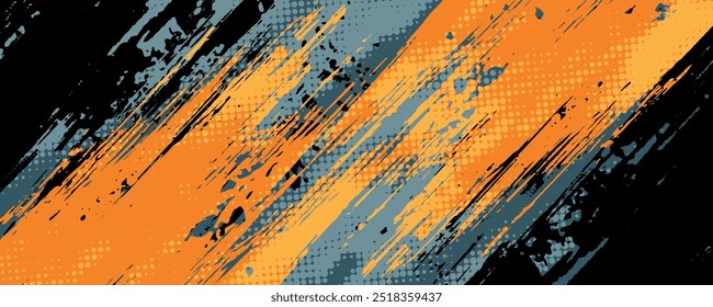 Fundo laranja, preto e azul abstrato com traçados de pincel grunge. texturas para cartaz e web design de banner