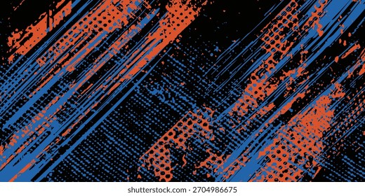Abstrakter orangefarbener, schwarz-blauer Hintergrund mit farbigen Pinselstrichen. Texturen für Poster und Webbanner