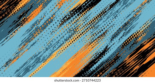 Abstrakter orangefarbener, schwarz-blauer Hintergrund mit farbigen Pinselstrichen. Texturen für Poster und Webbanner