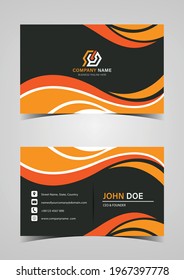Abstract orange and black color wave shape style business card template design.