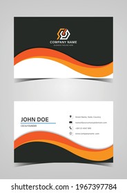 Abstract orange and black color wave shape style business card template design.