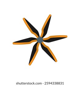 Abstract orange and black star-shaped fan blade with five angular points, isolated on white background.